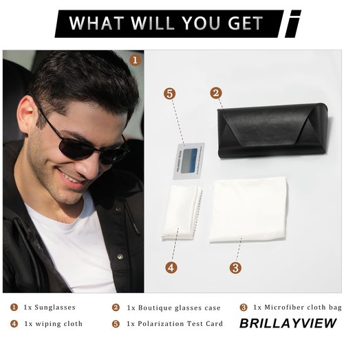 BrillayView Polarized Black Sunglasses for Men(Slightly Wider Version) UV400+ Protection Skinny Metal Frame Retro Sunnies Rectangle lentes de sol hombre Driving Aviator Motorcycle Shades