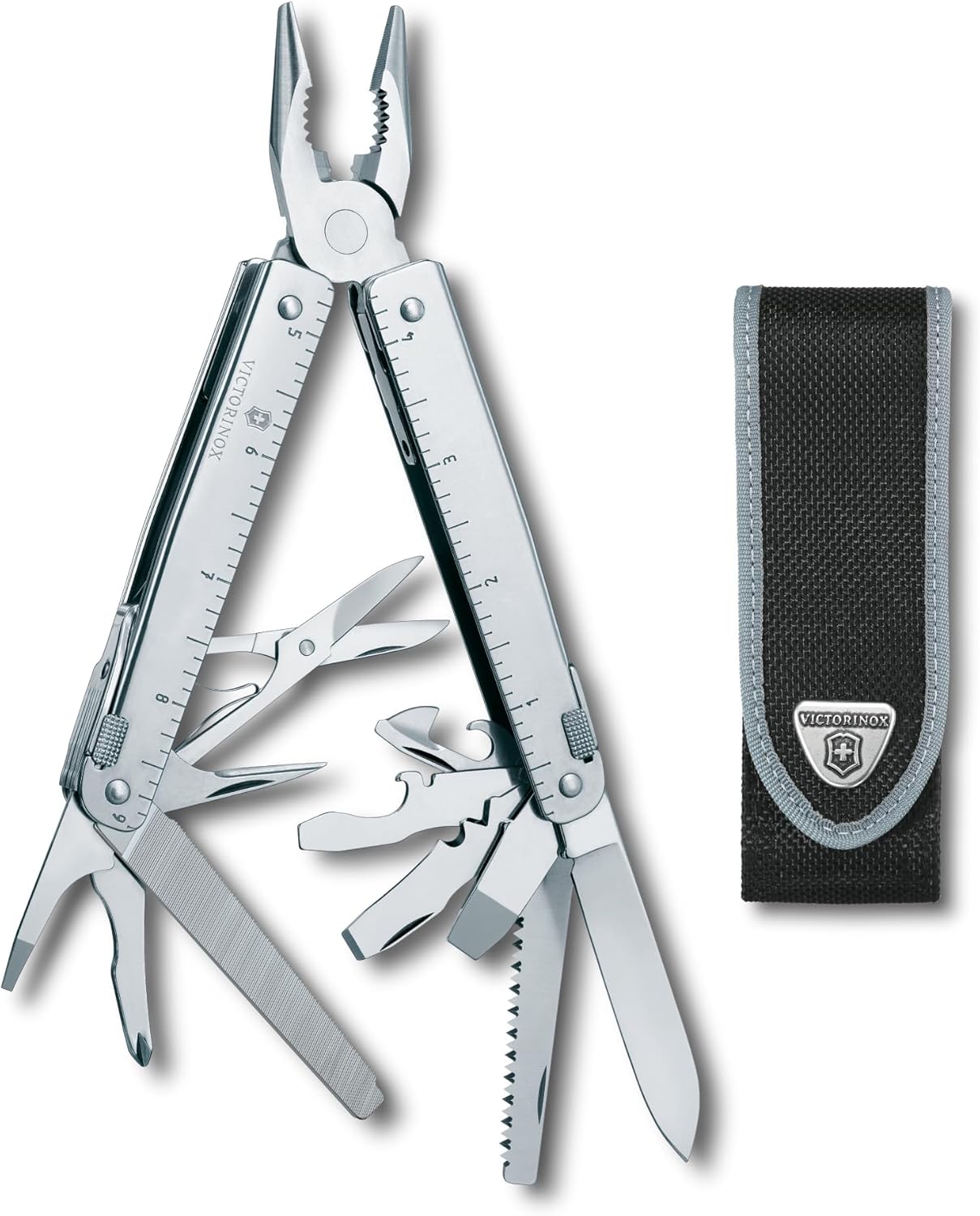 Victorinox Swiss Tool Swiss Army Knife, 24 Function Swiss Made Multi-Tool with Needle-Nose Pliers, Wire Cutters and Large Blade - Silver