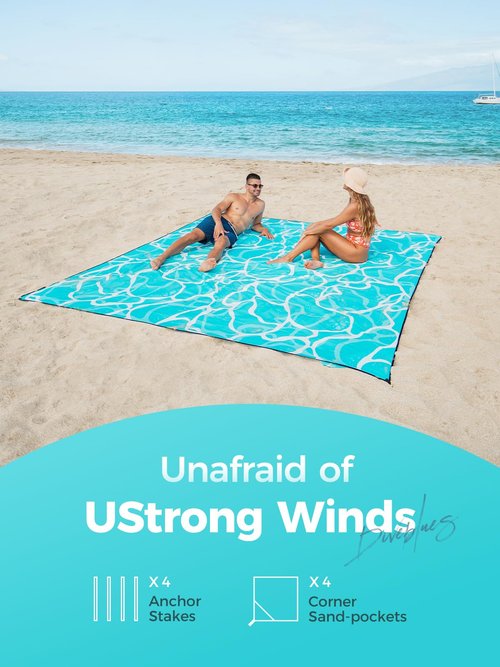 Diveblues Beach Blanket Oversized Extra Large 110" * 118"/ 9 * 10 Ft,Beach Mat Waterproof Sandproof,Soft and Durable, Picnic Mat for Travel Camping, Beach Vacation,4 Stakes & 1 Travel Bag