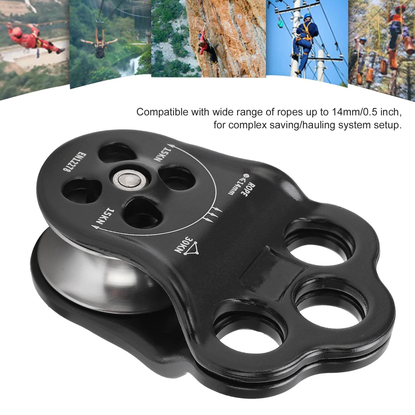 30KN Dual Bearing Hitch Climber Pulley, for Arborist Tree Climbing with 3 Holes Side Plate