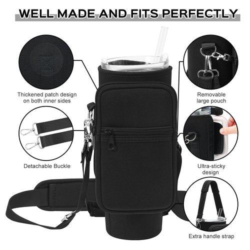 PRAGATISM Water Bottle Carrier Bag with Pouch for Stanley 30 oz Tumbler with Handle, Neoprene Water Bottle Holder Pocket with Adjustable 4.9FT Strap, Bottle Pouch for Stanley Cup Accessories