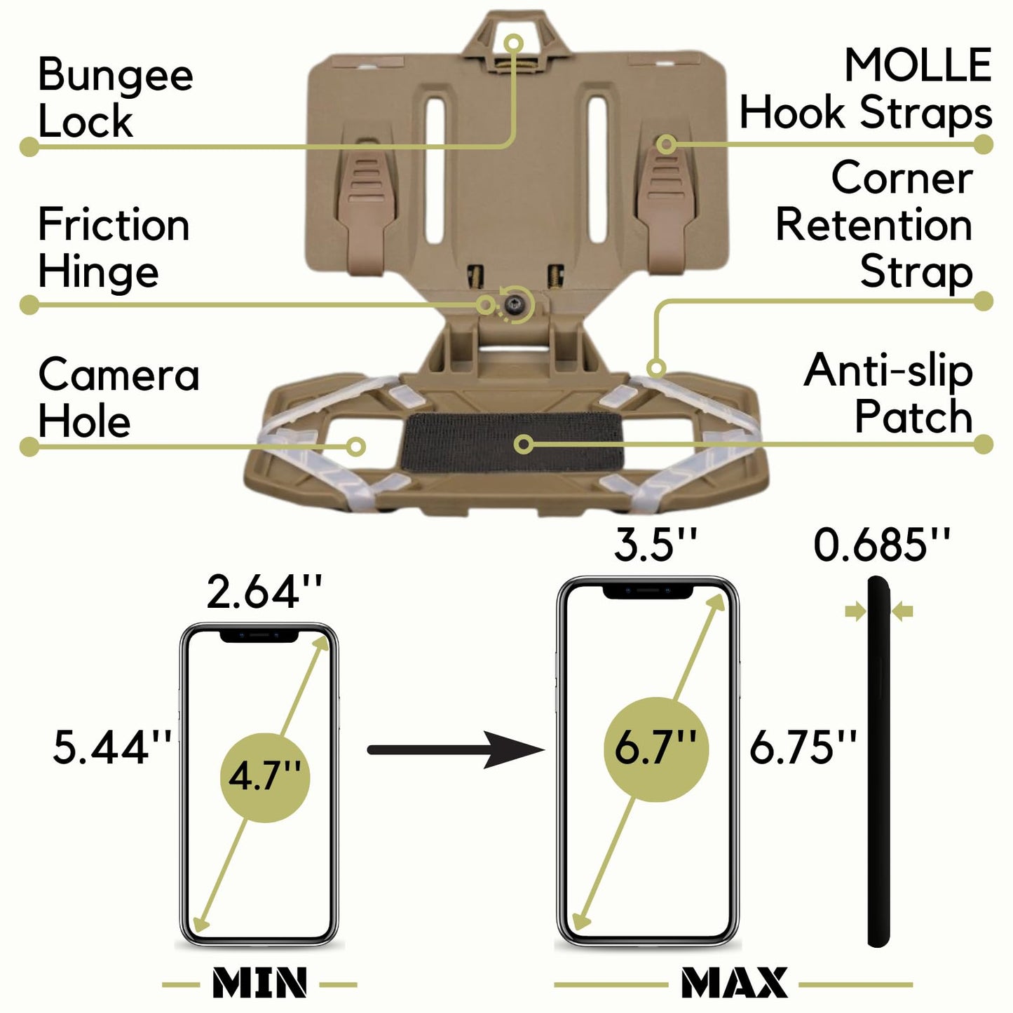 Let Me Be Tactical Plate Carrier Molle Phone Carrier Vest Attachments, Outdoor Universal Foldable Phone Chest Holder, Chest Rig Mount Navigation Board for 4.7"-6.7" Screen (FoldPanel-Tan)