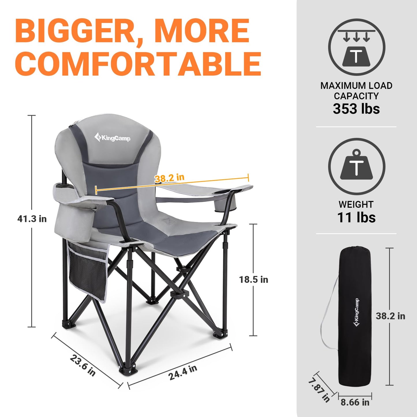 KingCamp Oversized Camping Folding Chair with Lumbar Support, Heavy Duty Ergonomic Padded Arm Chair with Cooler Bag, Cup Holder, Portable for Outdoor