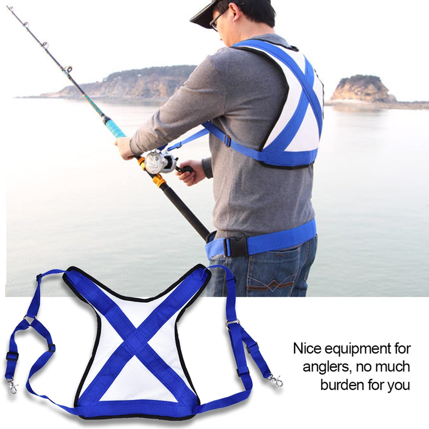 Frdhee Fishing Shoulder Back Harness, Adjustable Fishing Fighting Belt Sea Fishing Rod Holder Vest for Fishing Big Fish, Small, Blue