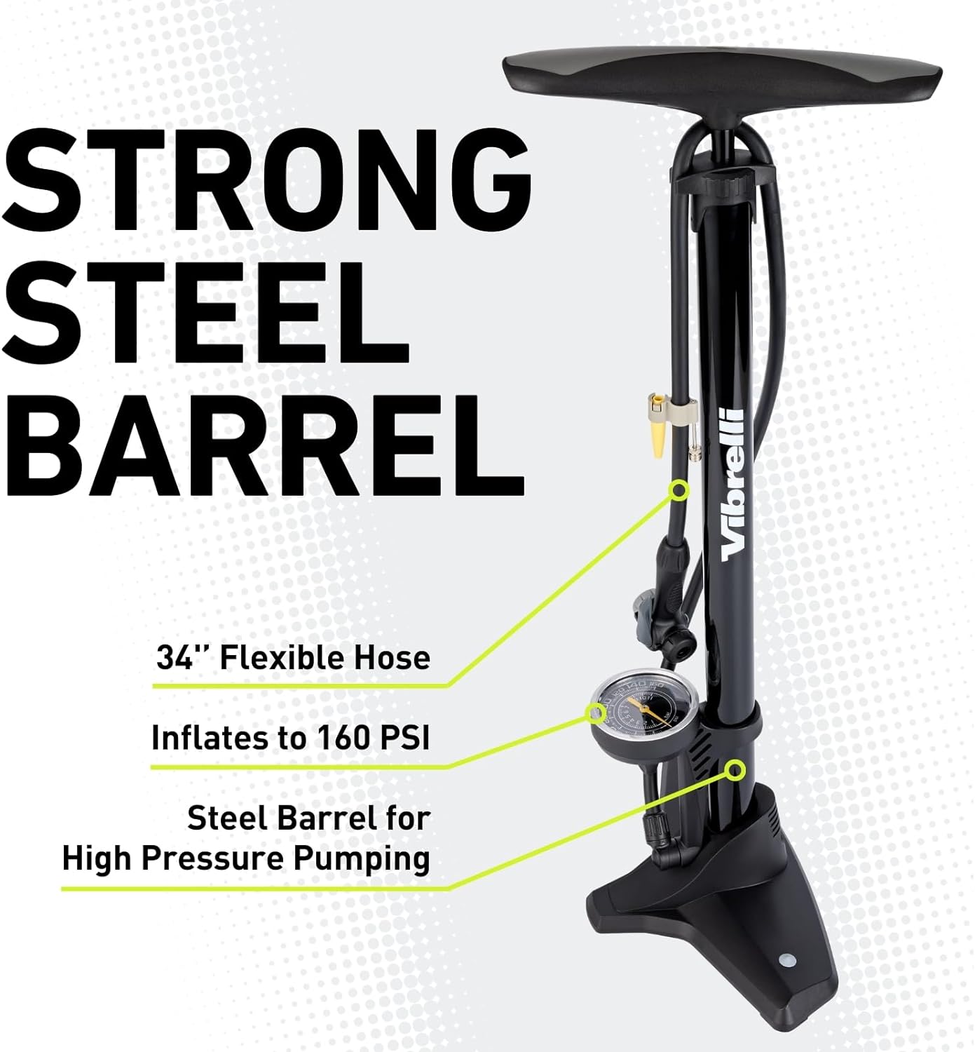Vibrelli Vibrelli Bike Floor Pump with Gauge - High Pressure 160 PSI - Presta Valve Bike Pump Automatically Switches to Schrader - Bicycle Pump Comes with Glueless Puncture Kit
