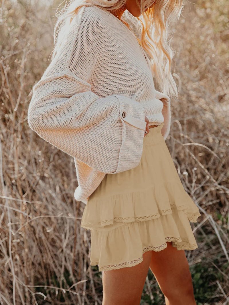 Aoudery Flowy Shorts for Women Casual Boho Ruffle Tiered Skorts High Waist Mini Skirts Golf Tennis Butterfly Crochet Shorts - Light Khaki XS