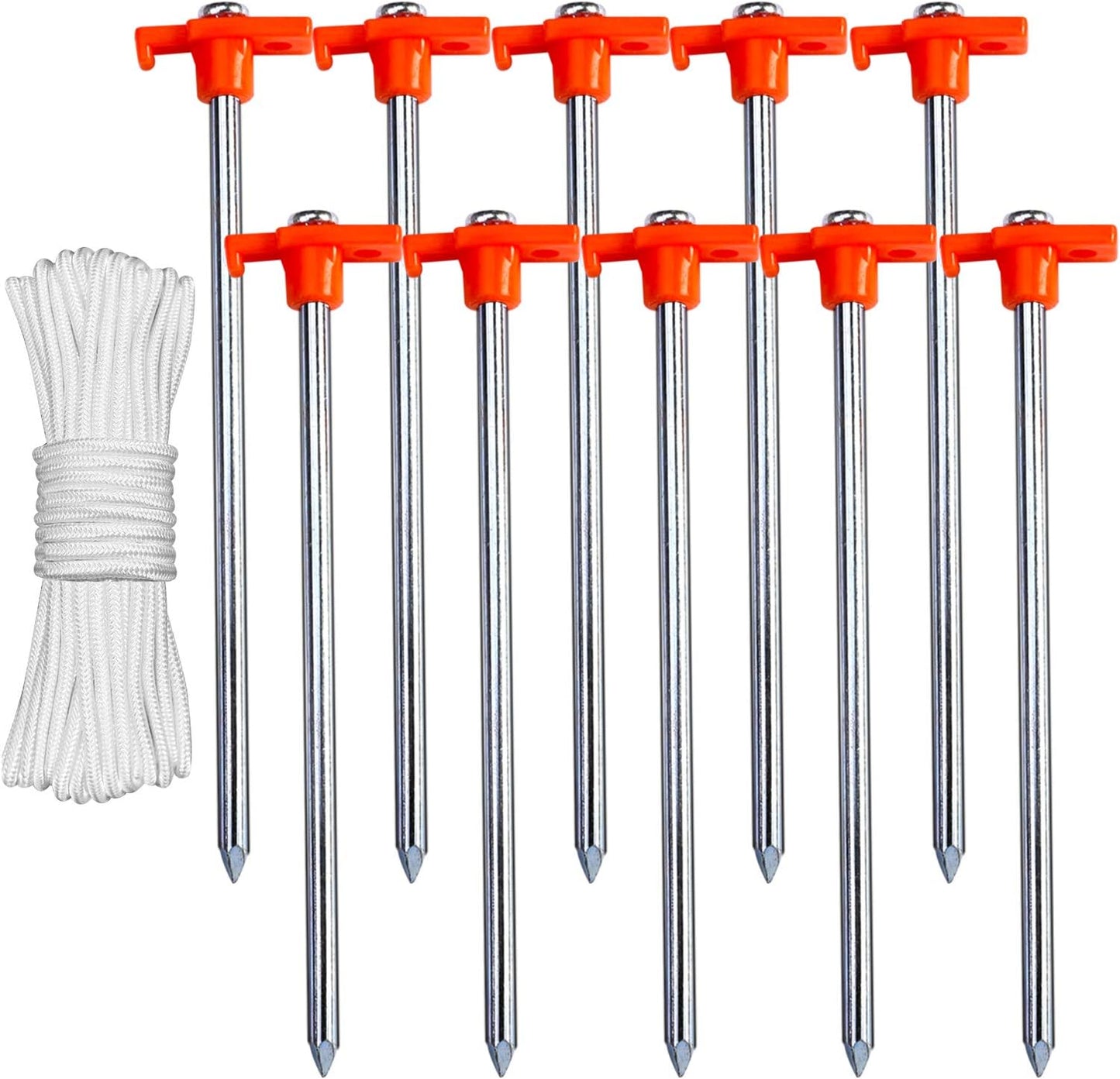 ABCCANOPY 11 Inch Tent Stakes 10 Pcs Non-Rust Metal Ground Anchors, Heavy Duty Spikes with 4 Ropes for Outdoor Camping, Orange