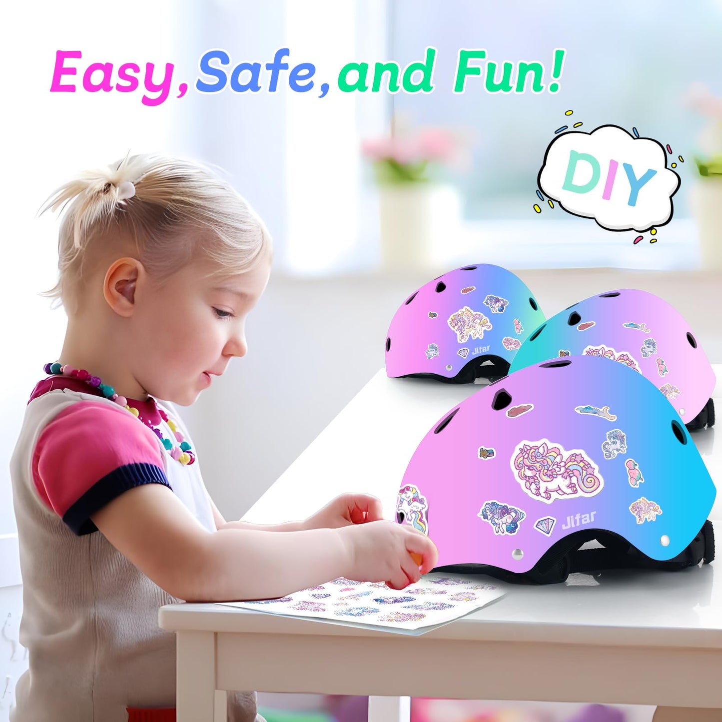 Adjustable Kids Bike Helmet with Knee & Elbow Pads Set, Color Gradient Design for Boys and Girls Aged 3-14+, for Skateboarding, Scooter, Roller & Inline Skating, Longboard