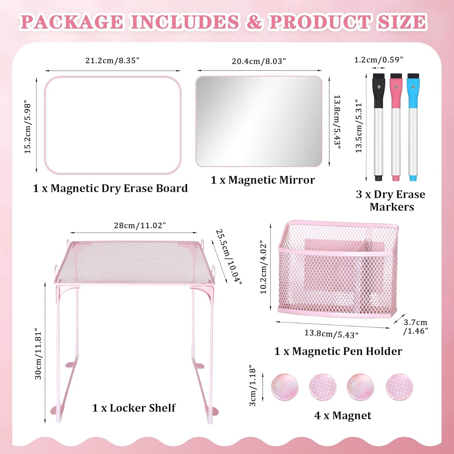 11 PCS Locker Accessories Kit Pink Locker Organizer Decorations Supplies Includes Folding Shelf, Magnetic Mirror & Whiteboard, Pen Holder, Dry Erase Markers, Magnets, Back to School Essentials