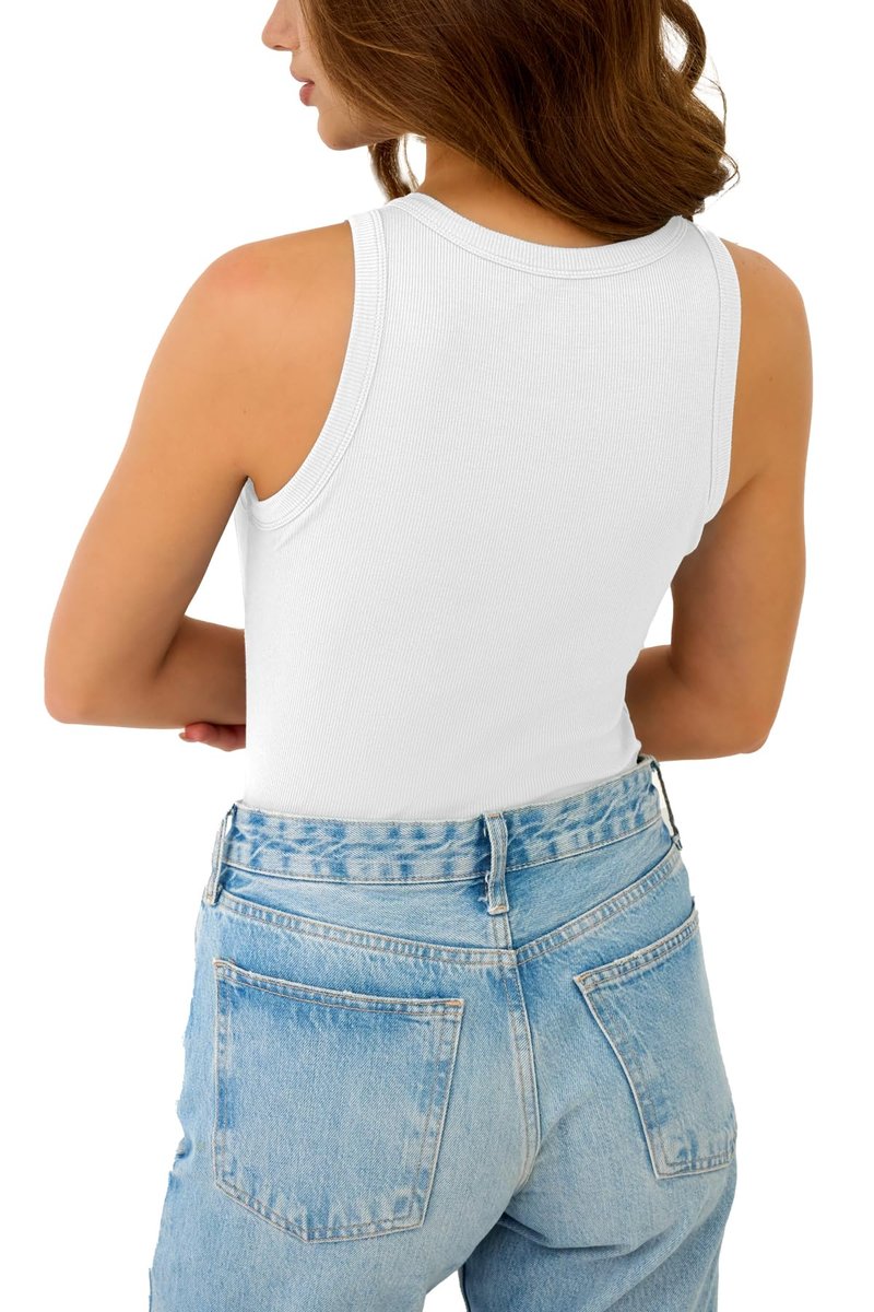 GKBK Womens Tank Tops High Neck Sleeveless Ribbed Tank Casual Basic Thick Strap Slim Fitted Racerback Shirts Solid- White