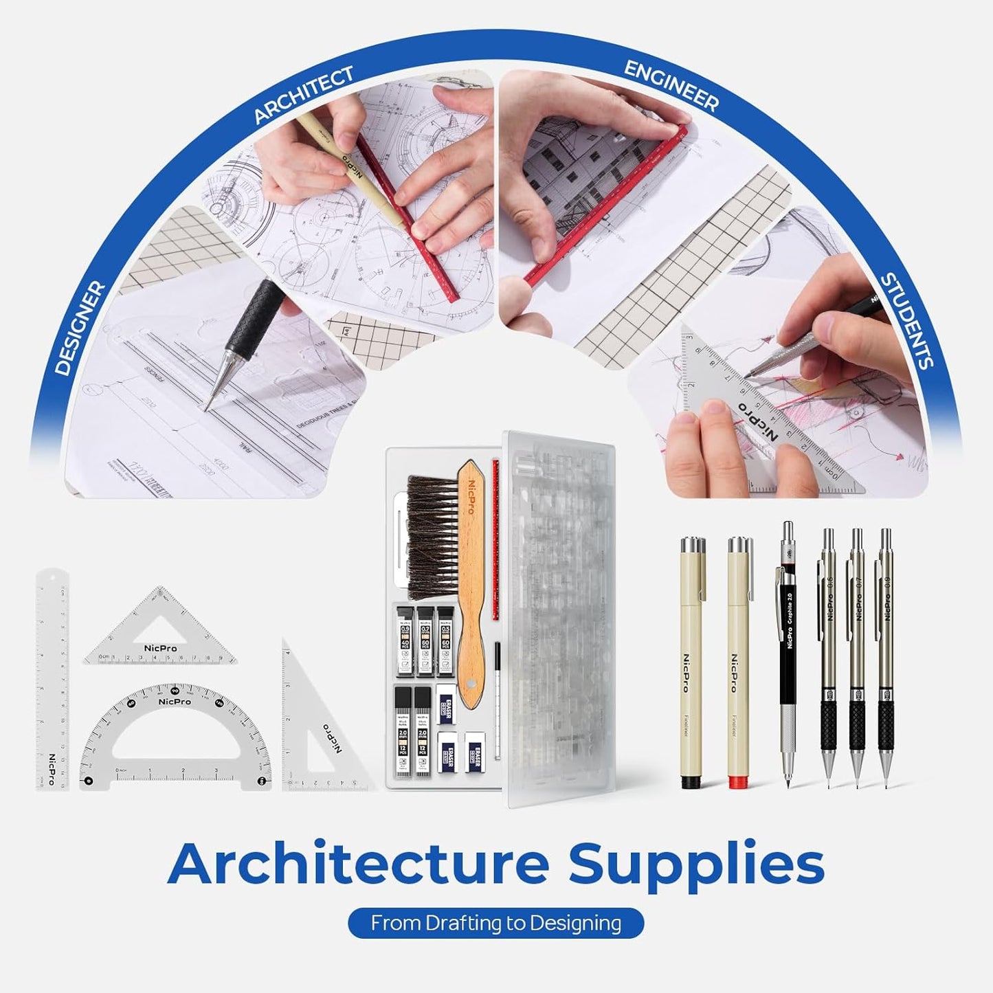 Nicpro 30PCS Professional Drafting Tools & Geometry Set with Case, Architect Protractor Set, Metal Mechanical Pencils, Pen, Scale Ruler Metal Ruler, 5 Drawing Templates for Interior Design House Plan