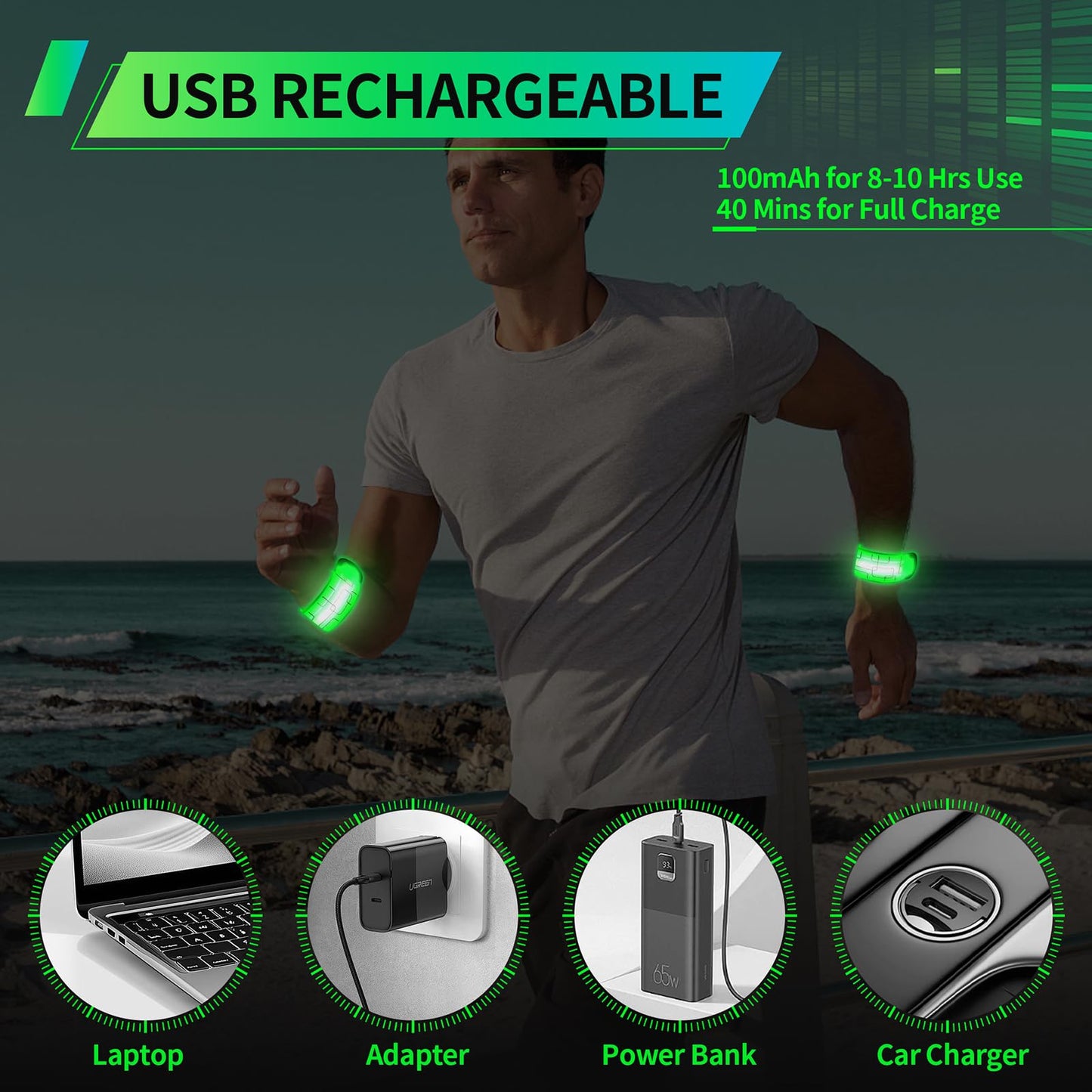 2PCS LED Armband for Running Walking at Night, High Visibility Reflective Running Gear Rechargeable LED Armband Light Up Arm Bands for Men Women Kids Night Cycling Walking Joggers Running Safety Gear