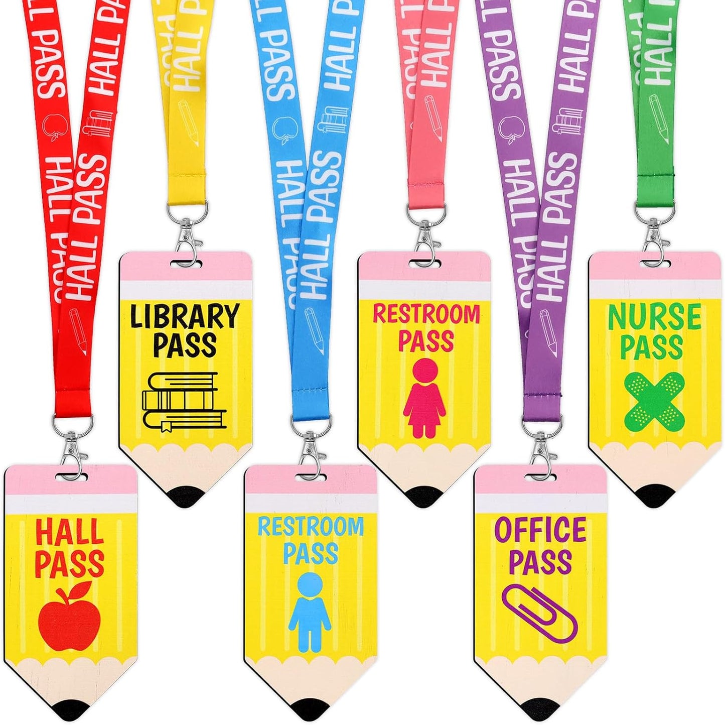 6 Sets Hall Pass Lanyards and School Passes Set Classroom Wooden Passes for Hall Office Library Nurse Restroom Teacher Gift