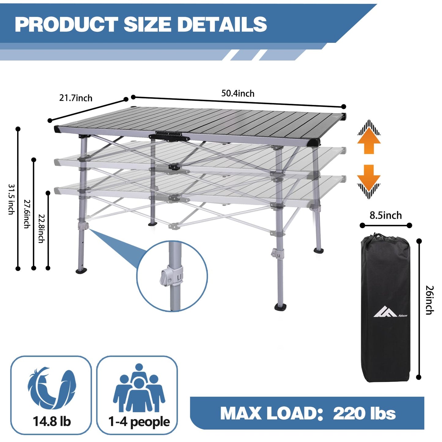 Ablazer Camping Table with Carry Bag, Adjustable Height Portable Table for Outdoor, Camping, Picnic, Beach, Aluminum Picnic Roll-up Table for 4-6 Person
