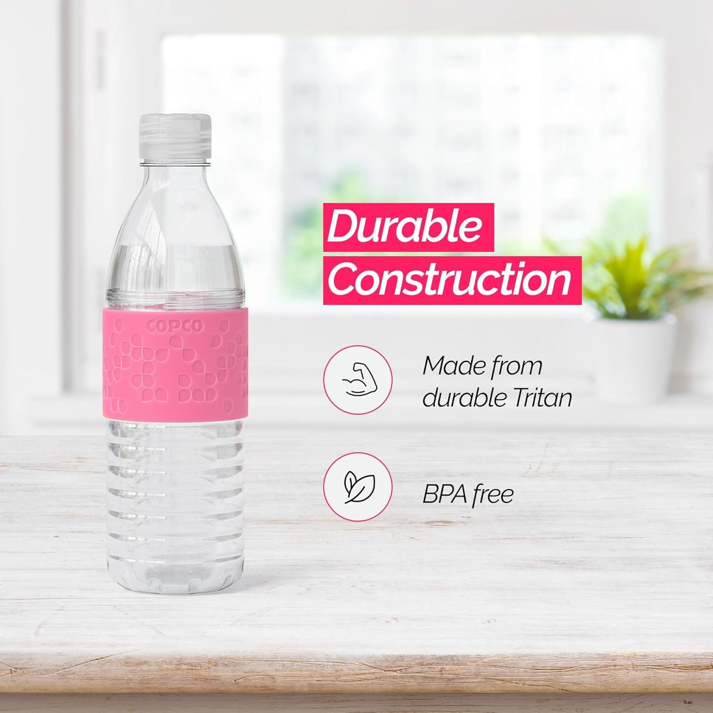 Copco Hydra 16.9 oz Water Bottle with Leak-Proof Lid - Tritan Reusable with Textured Grip Sleeve - BPA-Free, Shatter-Resistant, Dishwasher Safe for Travel, Gym, Work, Outdoors (Pink)