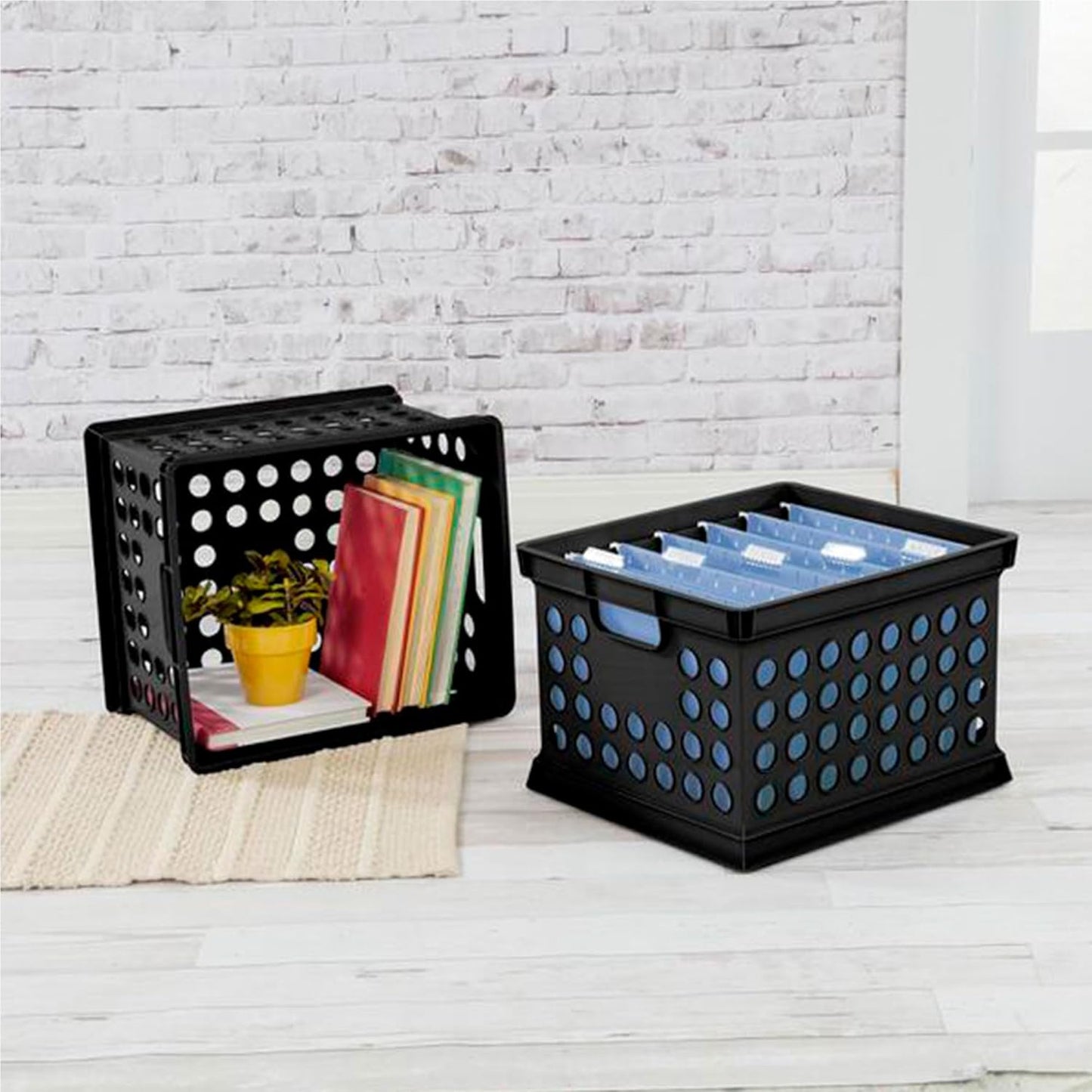 Sterilite Stackable Plastic Storage Crate Bin Organizer File Box with Handles for Home, Office, Dorm, Garage, or Utility Organization, Black, 6-Pack
