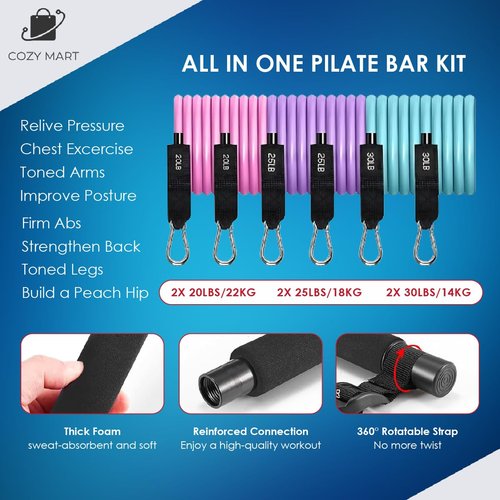 Multifunctional Pilates Bar Kit, Workout Stuff Kit for Yoga, Stretching & Training Programs, Full Body Workout Home Exercising Pilates Equipment with Stackable Resistance Bands