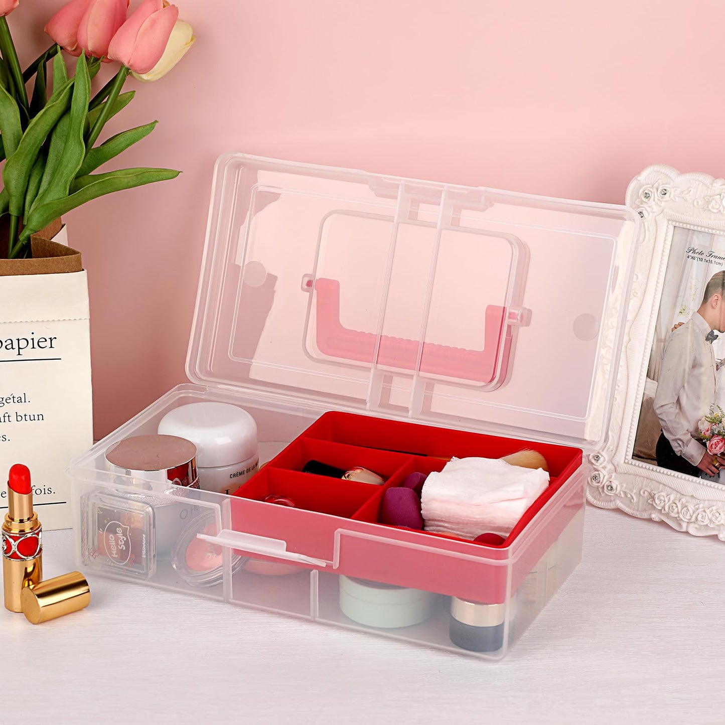 JUXYES Plastic Fishing Tackle Box Organizer with Removable Dividers, Clear Fishing Tackle Storage Boxes with Handle, 2 Layer Fishing Tackle Tray Box Lure Box, Red