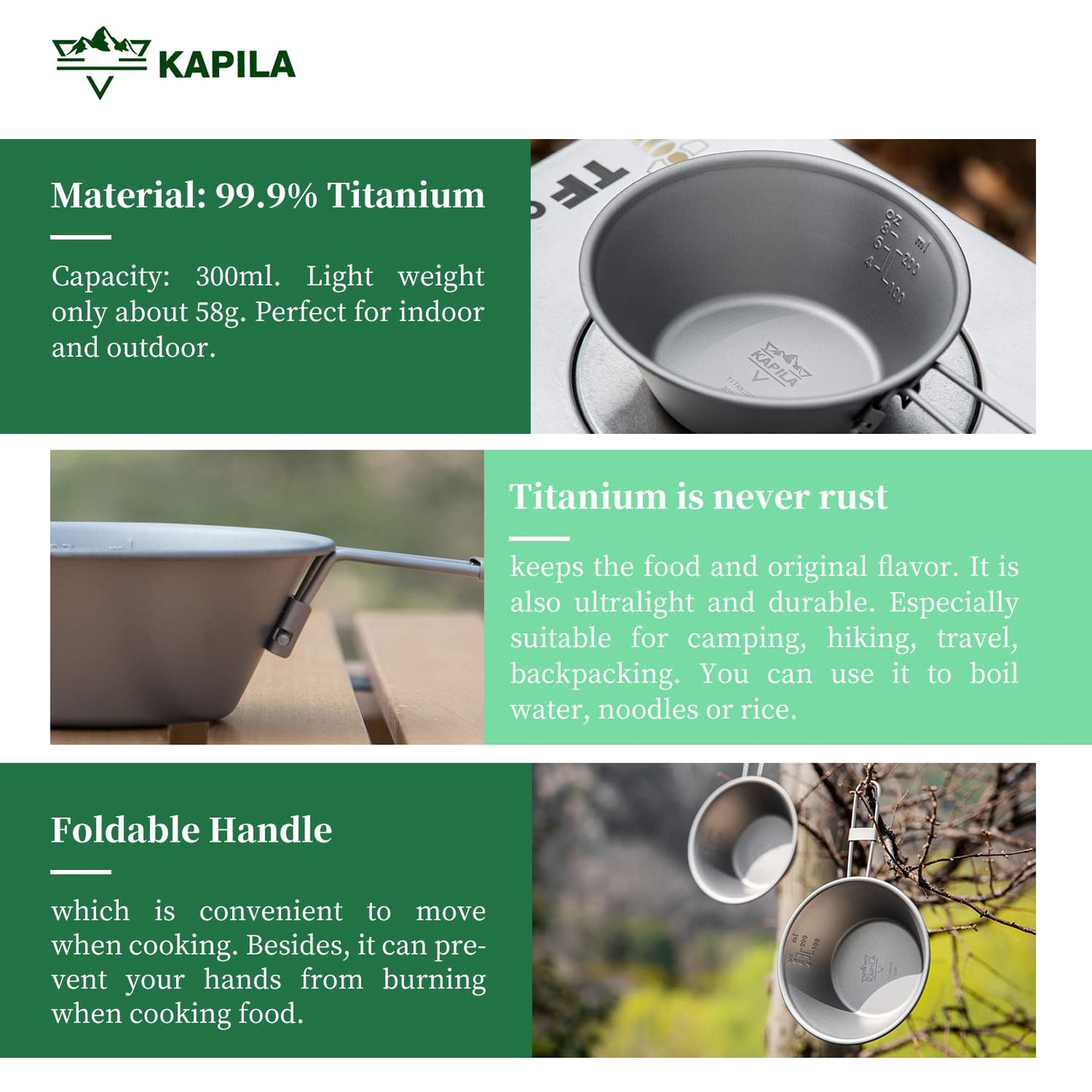 KAPILA 300ml Titanium Bowl with Folding Handle Outdoor Camping Picnic Dishes Portable Tableware