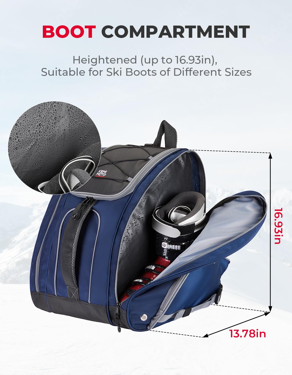 KEMIMOTO Ski Boot Bag, 55L Waterproof and Snowproof Skiing and Snowboarding Travel Luggage, Excellent for Store Ski Boots, Skiing, Snowboarding, Jacket, Helmet, Goggles, Gloves & Accessories-Blue