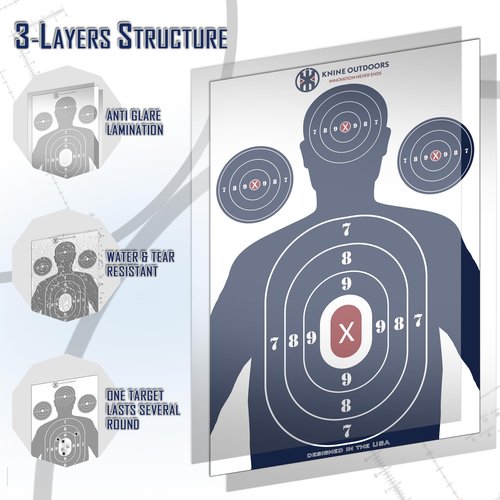 KNINE OUTDOORS Shooting Targets Paper, 12 x18 inch, Bulk for Hunting, Handguns, Pistols, Rifles, Silhouette with Red Bullseye, Blue Design (25 Pack)