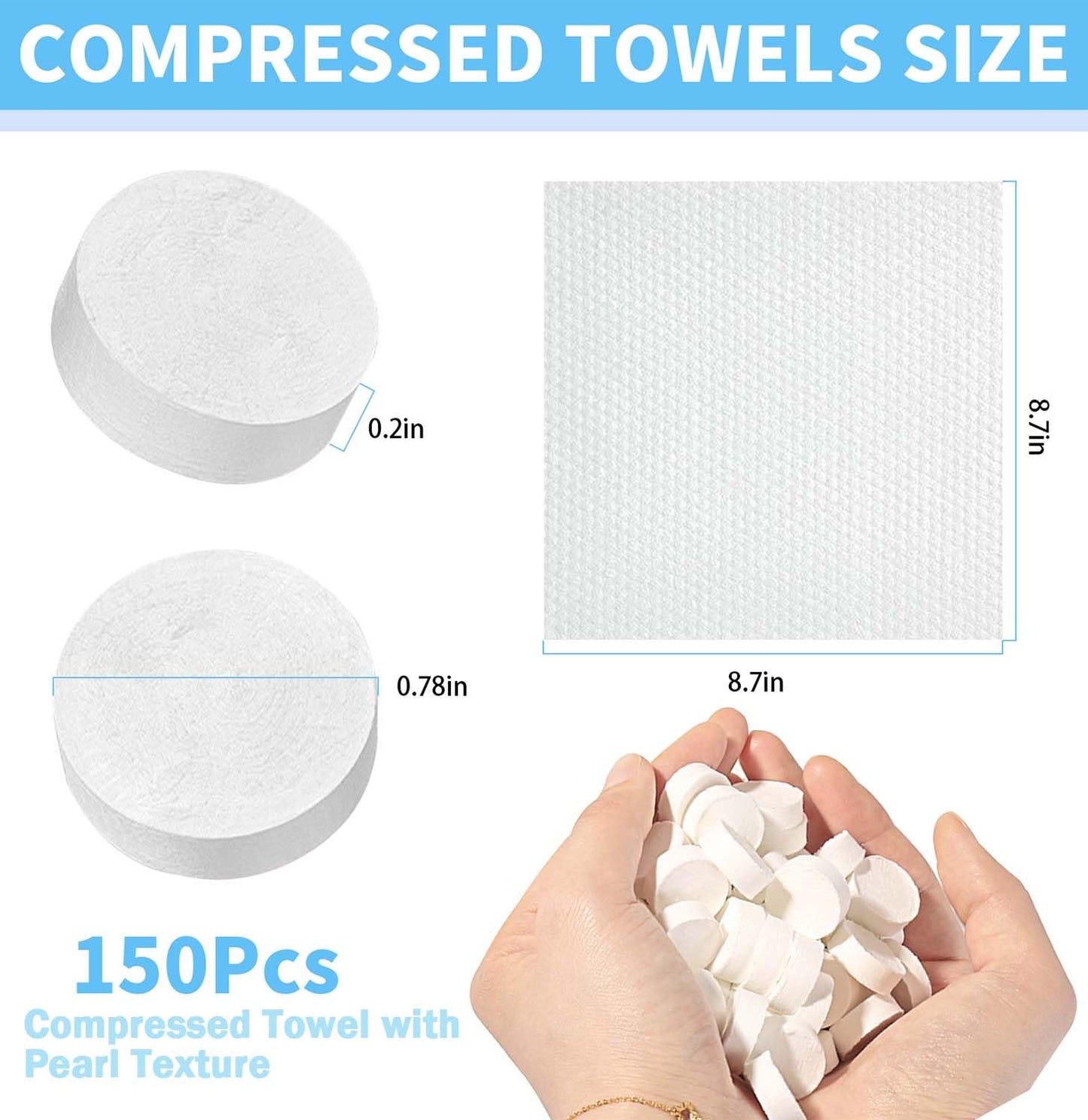 Kiluiu Compressed Towels, Camping Towels, Magic Cotton Wipes, Disposable Facial Towels, High-Capacity Travel/Camping/Hiking, 150Pcs/9X9in (White Pearl Pattern)