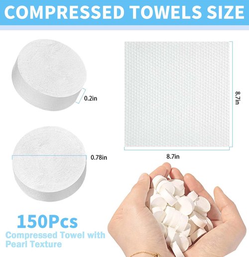 Kiluiu Compressed Towels, Camping Towels, Magic Cotton Wipes, Disposable Facial Towels, High-Capacity Travel/Camping/Hiking, 150Pcs/9X9in (White Pearl Pattern)