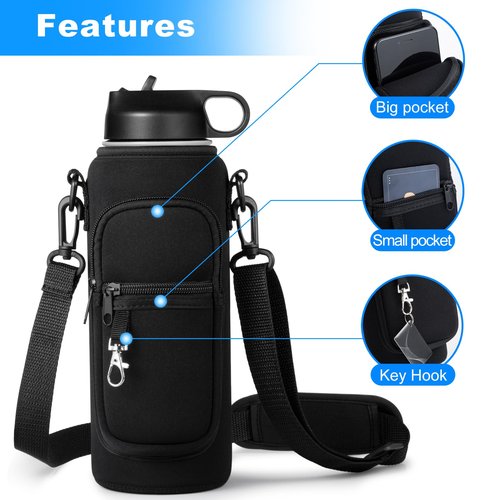 RRegeny Water Bottle Holder with Strap for Hydroflask 32oz 40oz, Carrier Sling Bag with Phone Pocket Sleeve for Men Women Hiking Camping Travelling(black24/32oz)