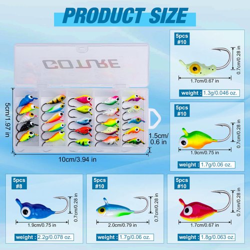 Goture 50pcs Ice Fishing Jigs Kit, Winter Ice Fishing Lures for Panfish, Pike, Trout, Walleye, Crappie, Ice Fishing Tackle with Black Nickel Carbon Steel Hooks in Ice Fishing Lures Box Color A&B