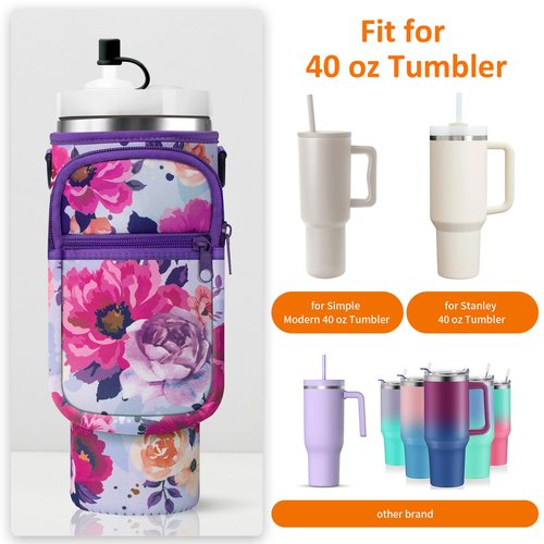 AceTreker 40 oz Stanley Tumbler Sleeve Bag with Paracord Handle & Straw Cap, Neoprene Vacuum Insulated Travel Mug Carrier Pouch with 2 Pockets & Shoulder Strap for Car Home Work-Purple Rose