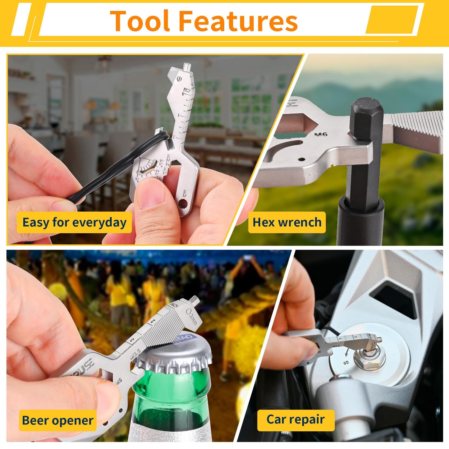 Key Shaped 20 In 1 Keychain Multitool - Pocket Utility Gadget, Bottle Opener Keychain, Wrench, Screw Drivers, Gift for Men and Women, Stainless Steel Keychain Utility Tool, Silver, 1 Pack