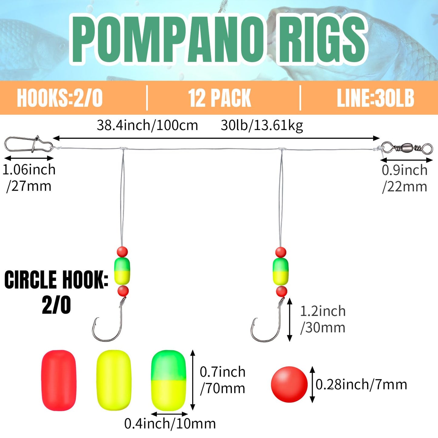 JellyArch 12 Pcs Pompano Rigs for Surf Fishing Offshore Surf Fishing Rigs Saltwater Gear Tackle with 2/0 Circle Hooks Double Circle Swivels Duo Lock Snaps(Mixed Colors)