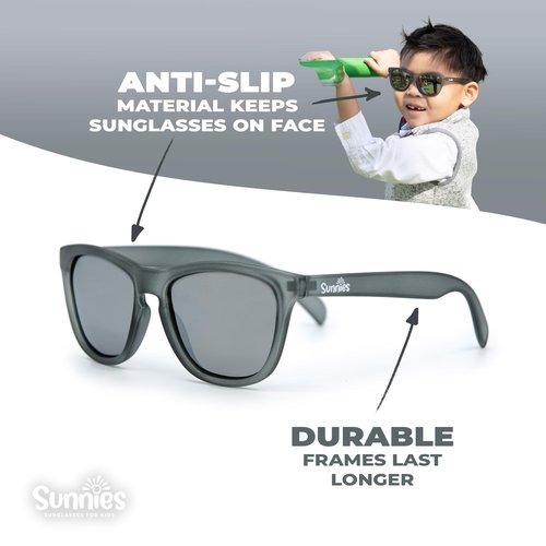 Sunnies Shades Kids Sunglasses, Toddler Sunglasses - Polarized UVA and UVB Protection, Anti-Slip Frame for kids. (SunniesGray, 4-10 Years Old)