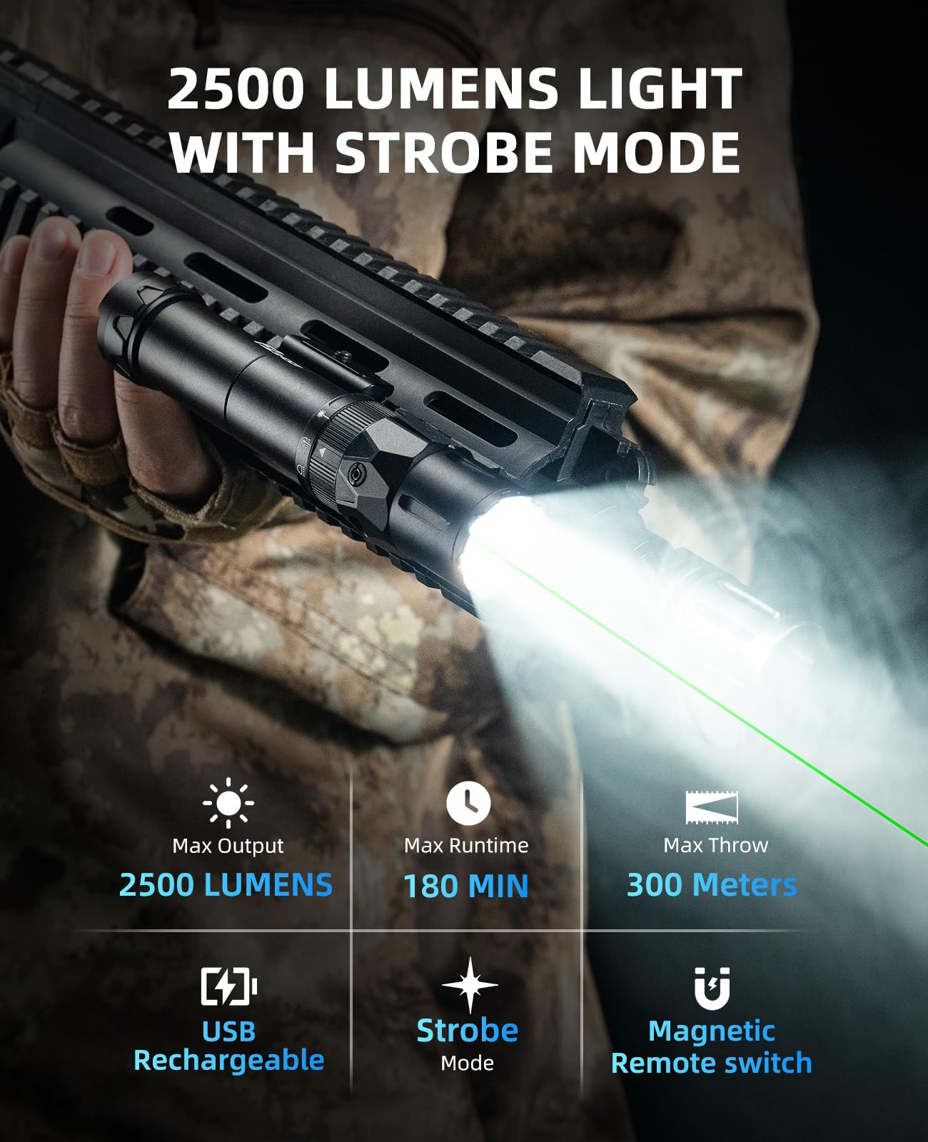 EZshoot 2500 Lumens Tactical Laser Light Combo for Rifle Compatible with Picatinny with Magnetic Remote Switch, Ar Light Laser Combo with Strobe Mode, Tactical Flashlight for Home Defense, Hunting