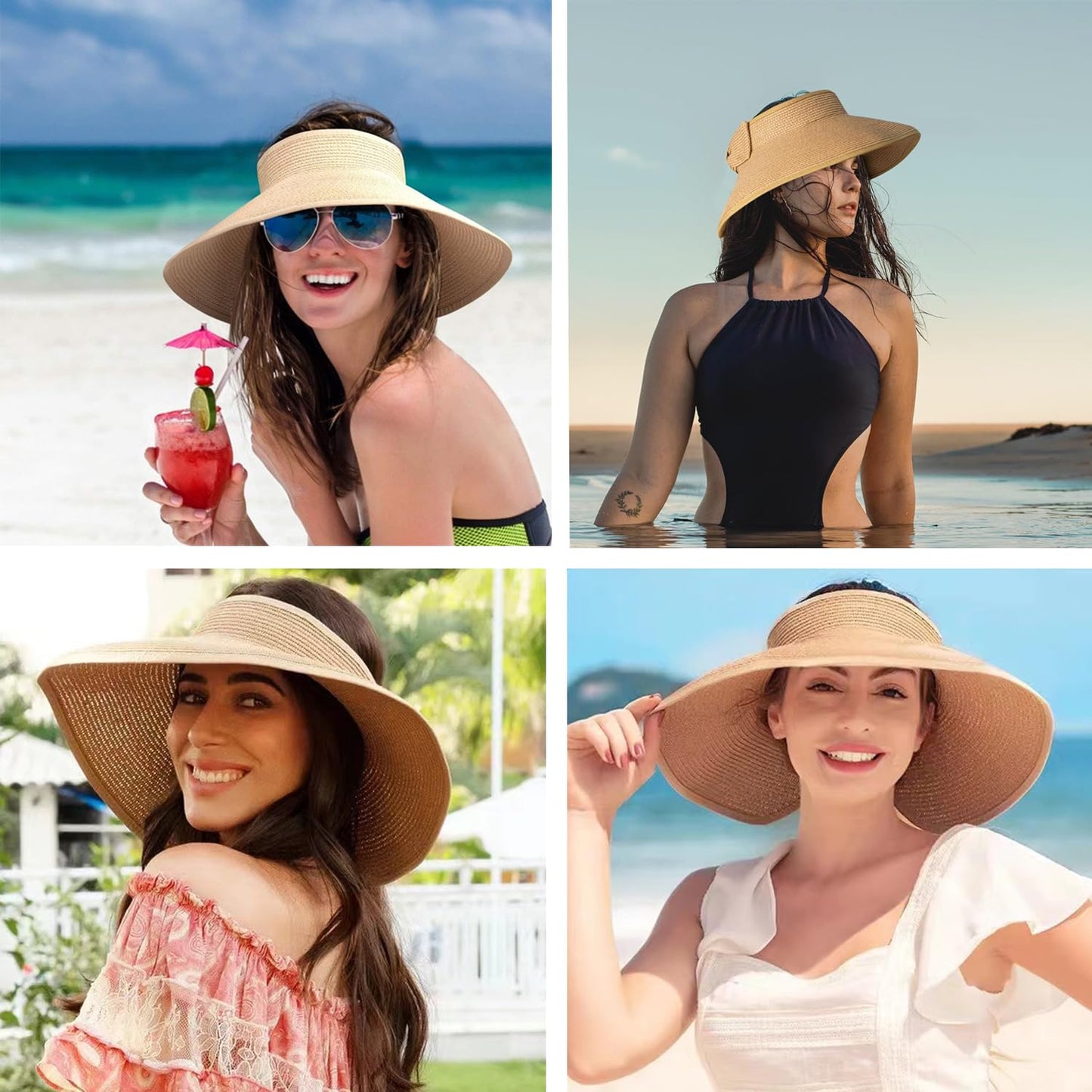 2Pcs Foldable Straw Sun Visor Hats,Wide Brim Ponytail Summer Beach Hat, Protect Your Skin Easily Perfect for Women Summer Vacation (Natural +Beige)