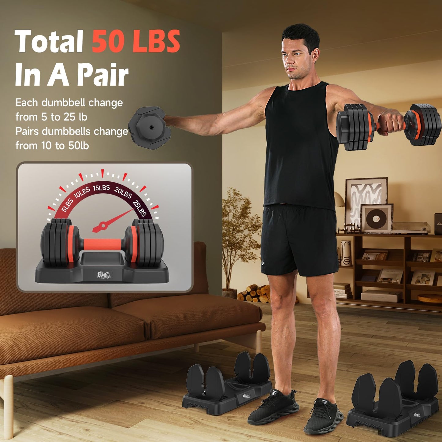 25LB Adjustable Dumbbells Set, 5LB to 25LB Dumbbell Pair,15LB to 55LB Weight Set of 2, Home Gym 25lbs/50lbs, Anti-Slip Handle for Exercise Equipment