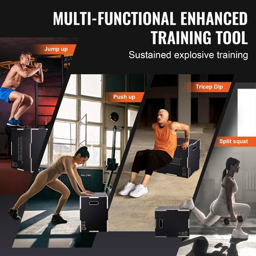 VEVOR 3 in 1 Plyometric Jump Box, Easy-to-Assemble Wood Plyo Box for Jumping Trainers, Home Gym Training and Conditioning, 24" x 20" x 16"