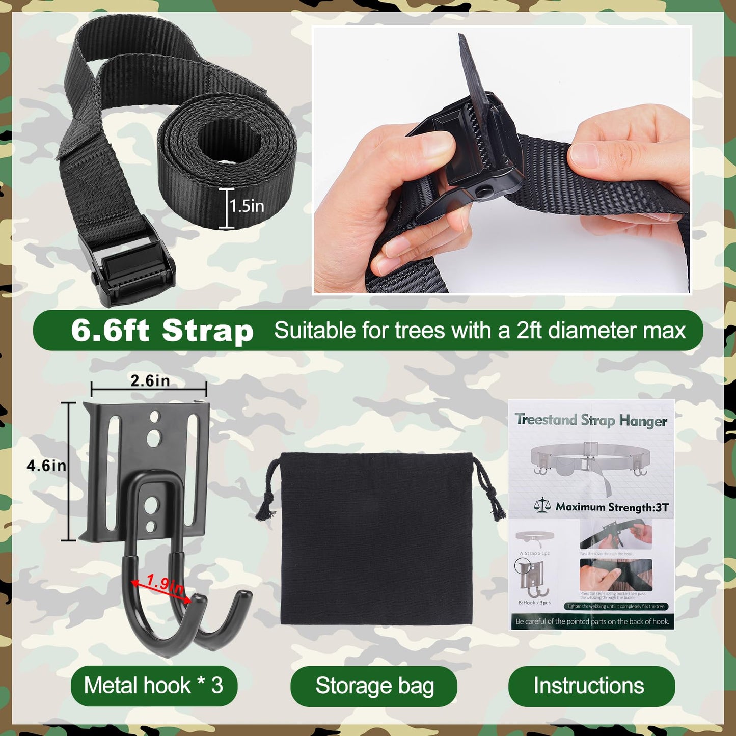 PAMASE Tree Stand Gear Hangers with 3 Metal Hooks - Thick Strap Bow Hanger for Hunting with Metal Buckle, Arrows Bag Archery Equipment Holder, Hunt Deer Treestand Saddle Accessory Kit
