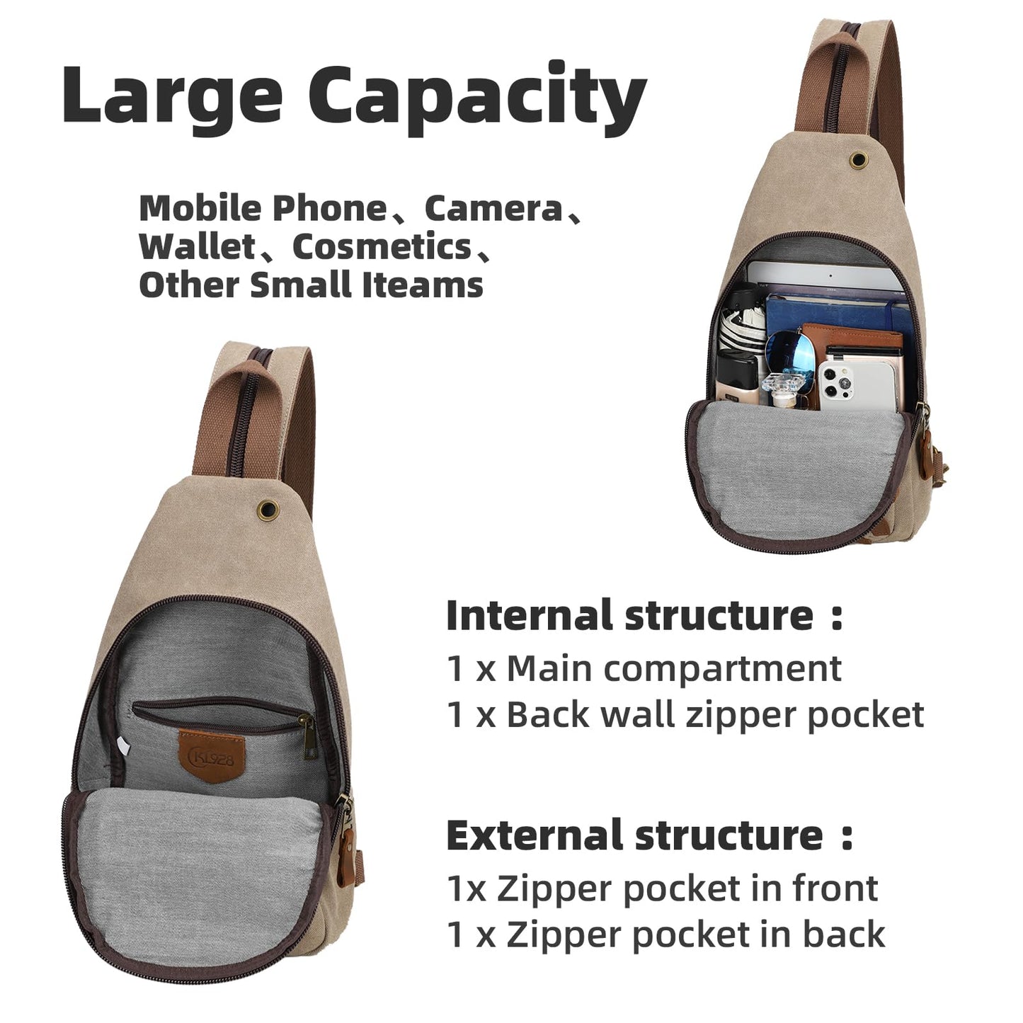 KL928 Canvas Sling Bag Crossbody Backpack Shoulder Casual Rucksack for Men Women, Khaki
