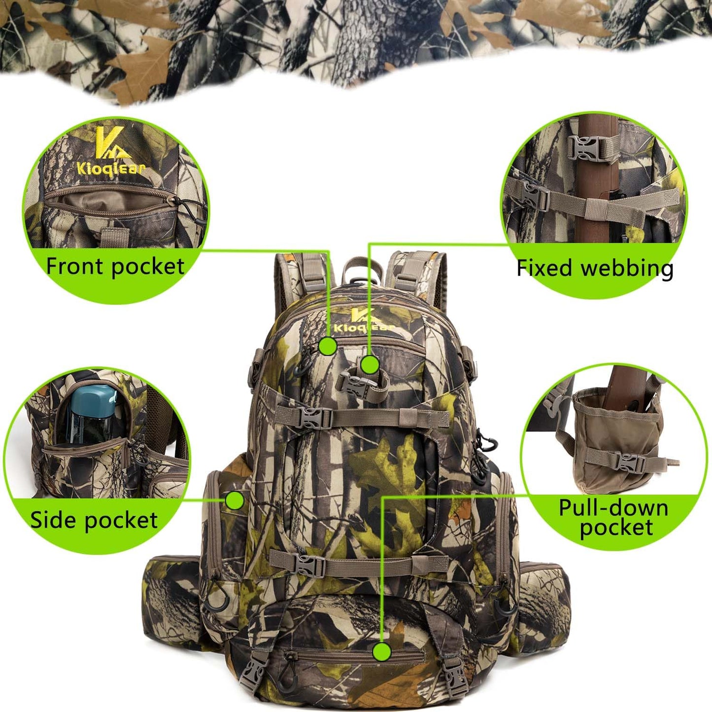Kioqiear Hunting Backpack,Outdoor Gear Hunting Pack with Rain Cover,Durable Large Capacity Hunting Day Pack.(GREEN CAMO)