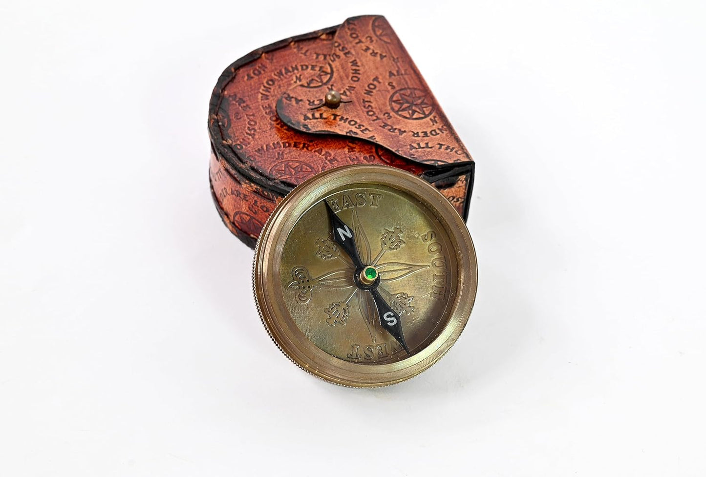 Brass Nautical - Not All Those Who Wander are Lost Brass Gift Engraved Compass with Leather case, Graduation Day Baptism Communion Confirmation Day Motivational LOTR J.R.R. Tolkien