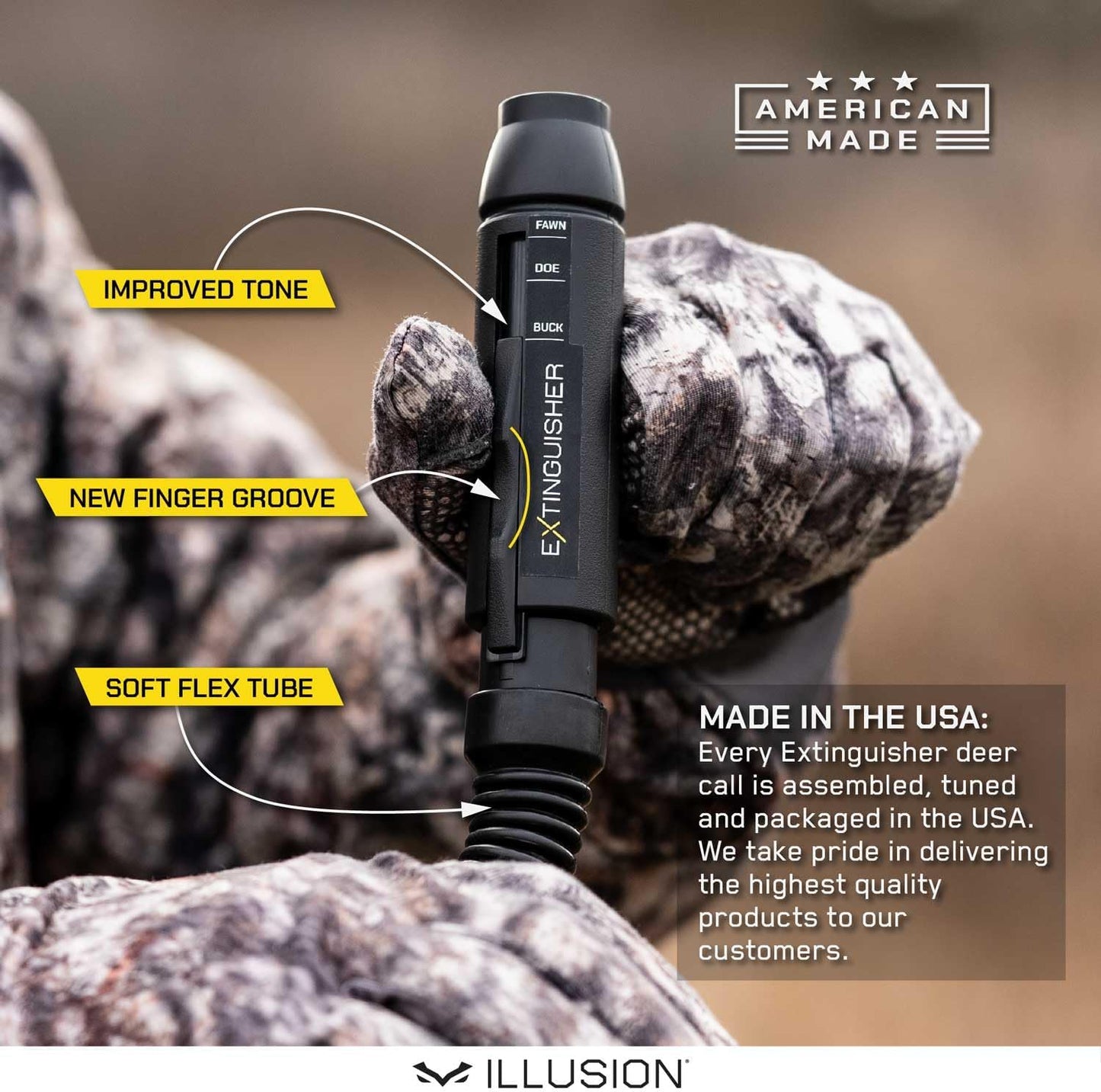 Extinguisher Deer Call by Illusion | Grunt Tube | Buck, Doe, Fawn | Adjustable 10-in-1 Call | Color (CAMO/Black) | Freeze Resistant