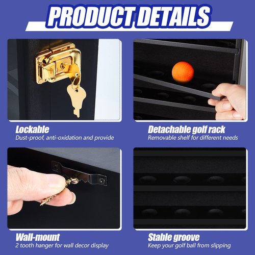 Sintuff 49 Golf Ball Display Case Solid Wood Golf Ball Holder Rack Gift Black Display Rack Cabinet Wall Mount Shadow Box for Enthusiast Collectibles with Lockable Acrylic Door