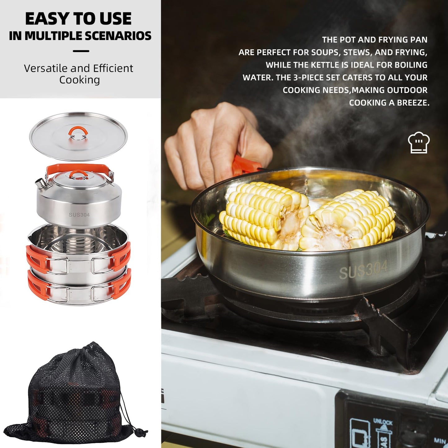 KERMANDO Stainless Steel Camping Cookware Set - Kettle, Frying Pan and Cooking Pot 3 Piece Set With Anti-scald Folding Handles and Mesh Bag