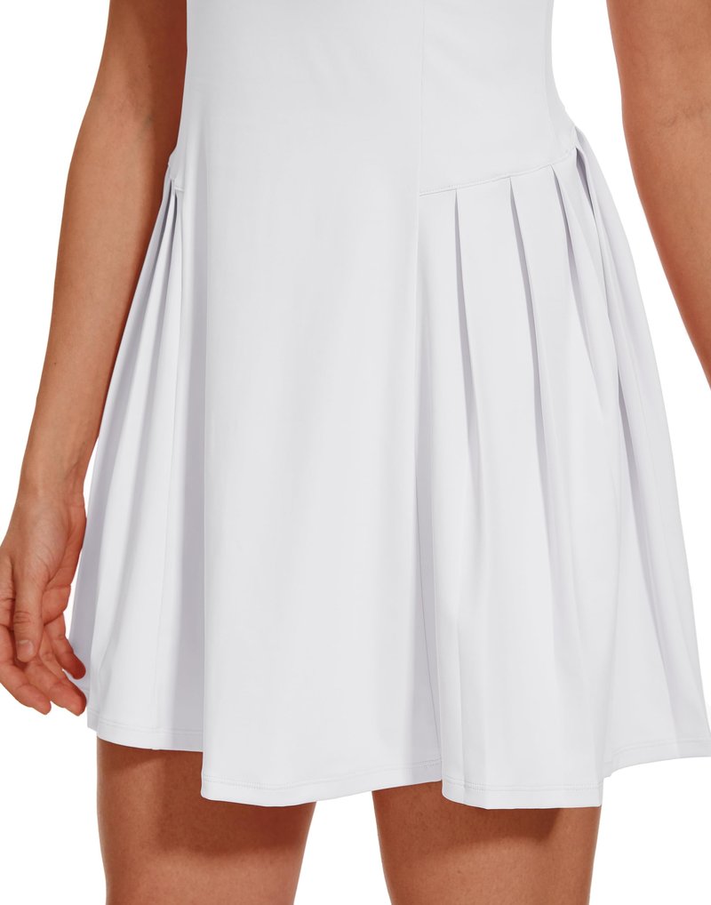 M MOTEEPI Golf Dresses for Women Sleeveless Square Neck Athletic Dress Pleated Fall Tennis Dress with Built in Shorts and Bra White Medium