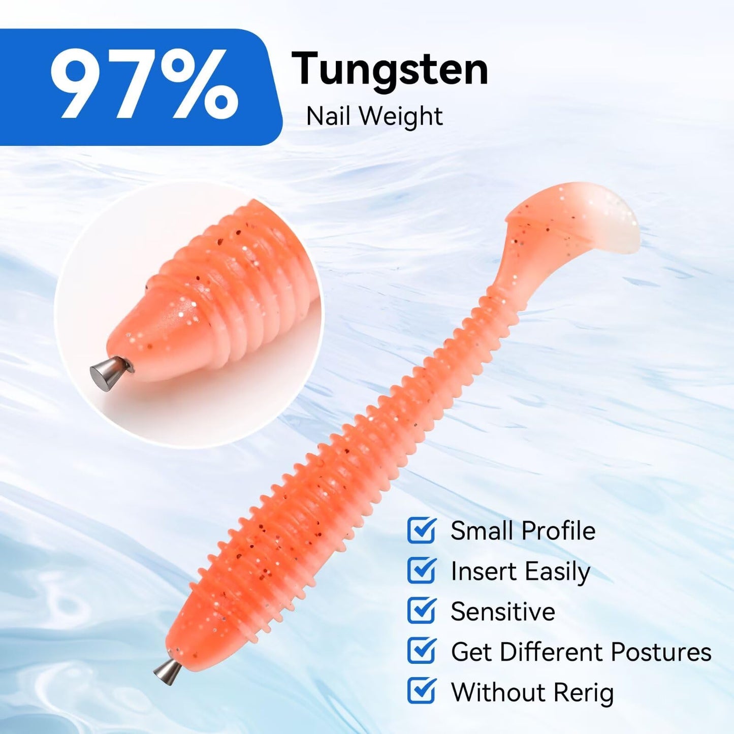 Fishfun 12/20pcs Tungsten Nail Weights for Neko Wacky Rig Fishing, Insert Pencil Worm Sinkers for Bass Fishing, 1/16oz, 12pcs