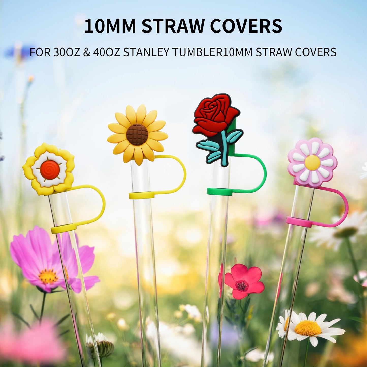 6 PCS Silicone Spill Stopper Set for Stanley Cup Straw Covers 30 oz / 40 oz Tumbler Leak Proof Drink Stoppers Silicone Straw Stopper Caps for Stanley Cup Accessories-Flower