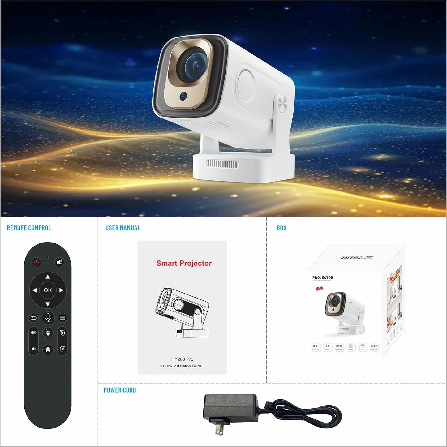 Mini Projector with WiFi and Bluetooth, Support 4K 1080P, 150 ANSI Portable Projector, Auto Keystone Correction, 40"-130" Screen Video Projector, Compatible with Smartphone,TV Stick,Laptop (HY300)