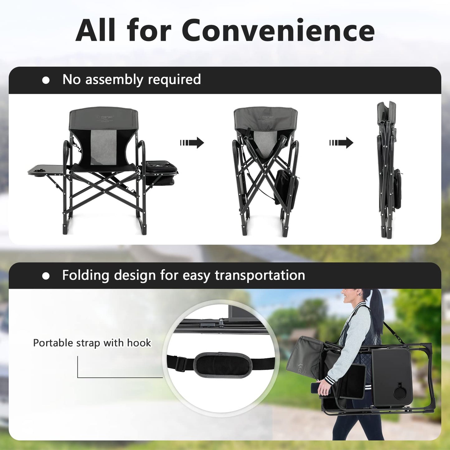 COSTWAY Folding Camping Chair, Heavy-Duty Director Chair Supports 400lbs for Adults with Side Table, Cooler Bag, Storage, Strap, Portable Makeup Chair Suitable for Fishing Picnic, Black