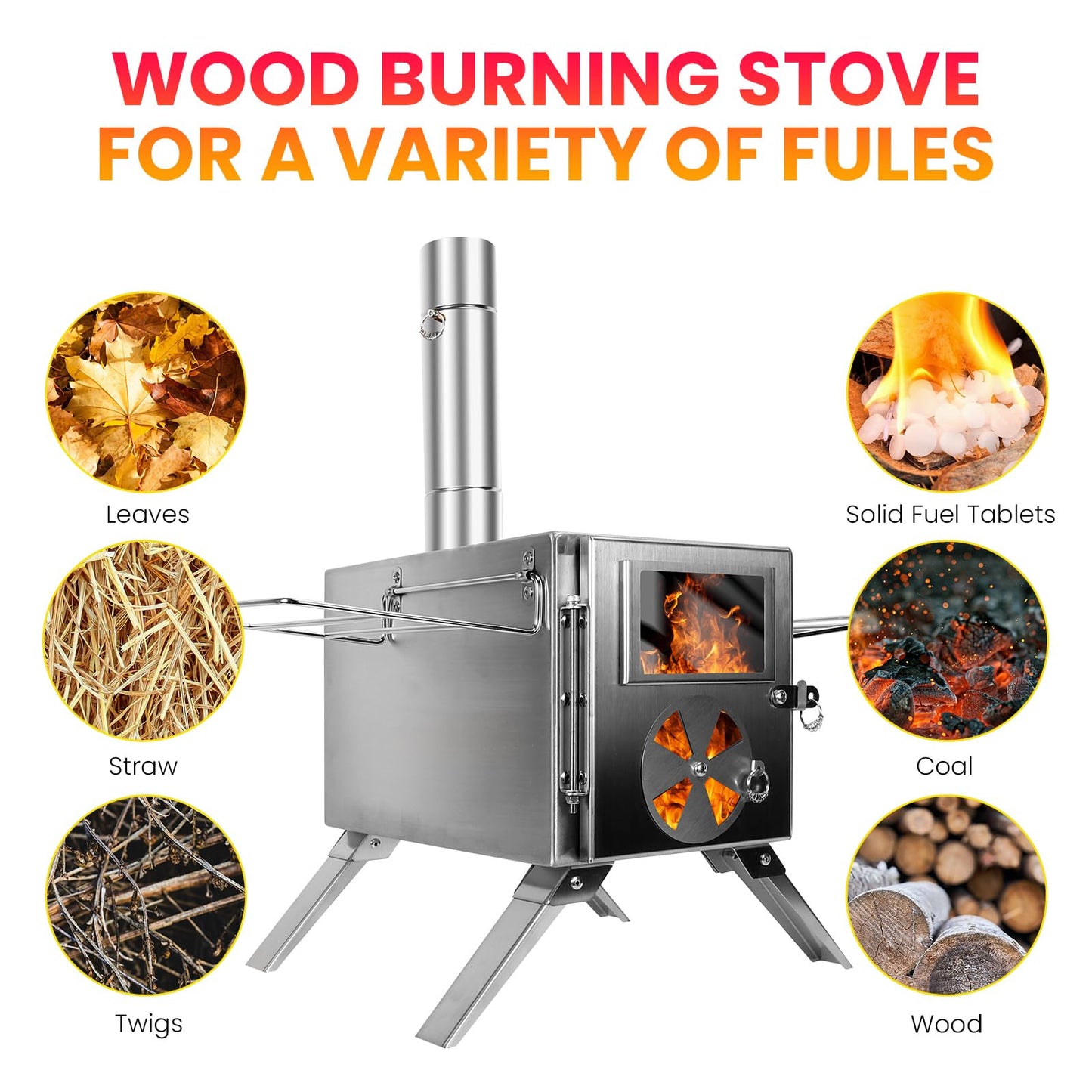LAMA Stainless Steel Hot Tent Stove - Wood Burning Stove with 6 Chimney Pipes for Tents, Camping, Fishing & Hunting - Portable Outdoor Heating & Cooking, Silver
